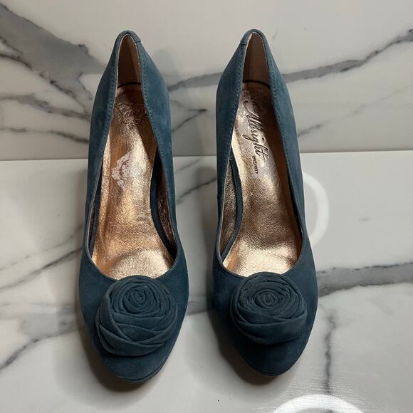 Anthropologie Miss Albright | Women's Blue Suede Rosette Melia Heels Sz 8 - Picture 2 of 7